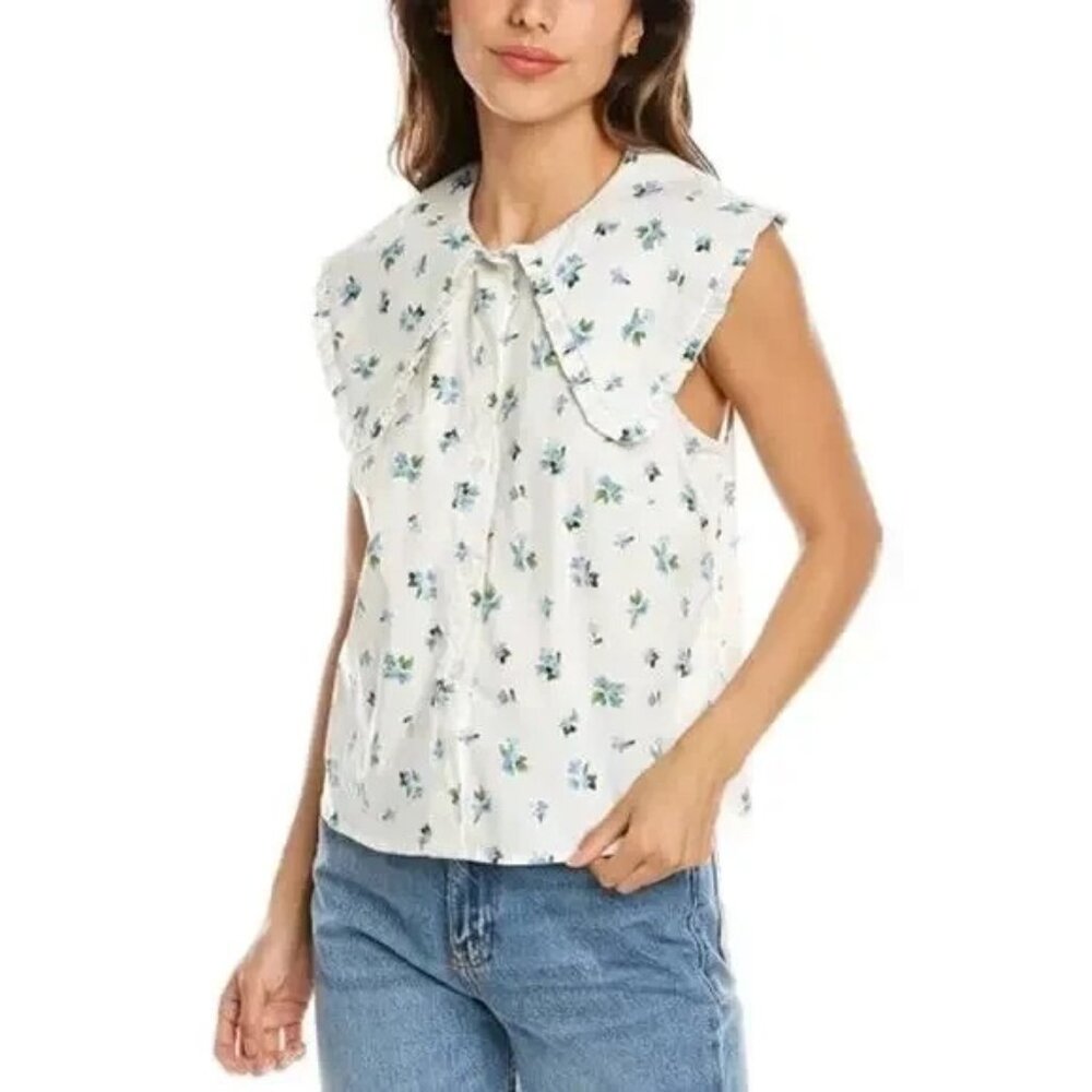 We Wore What Shirt Womens Size Medium Ruffle Collar Button Up Ditsy Multi Ivory